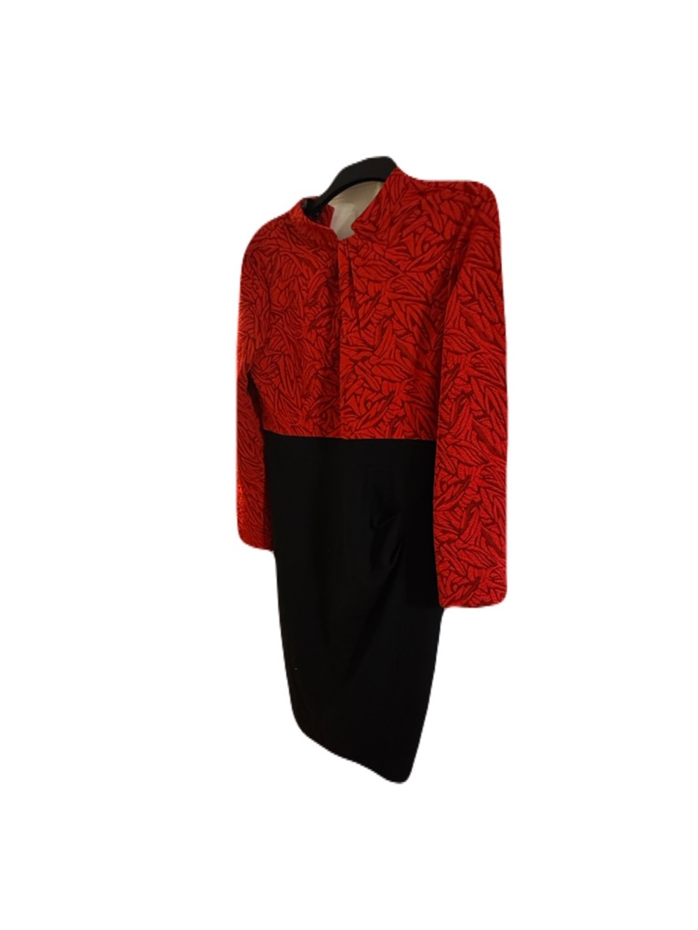 Red Patterned Top with Black Skirt Dress